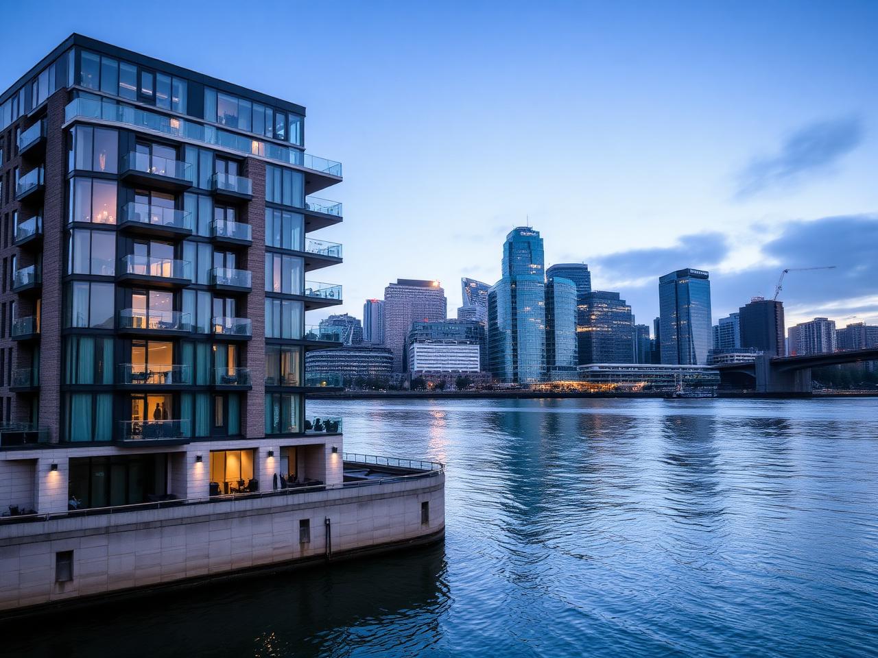 Riverside London apartment building at blue hour with city skyline