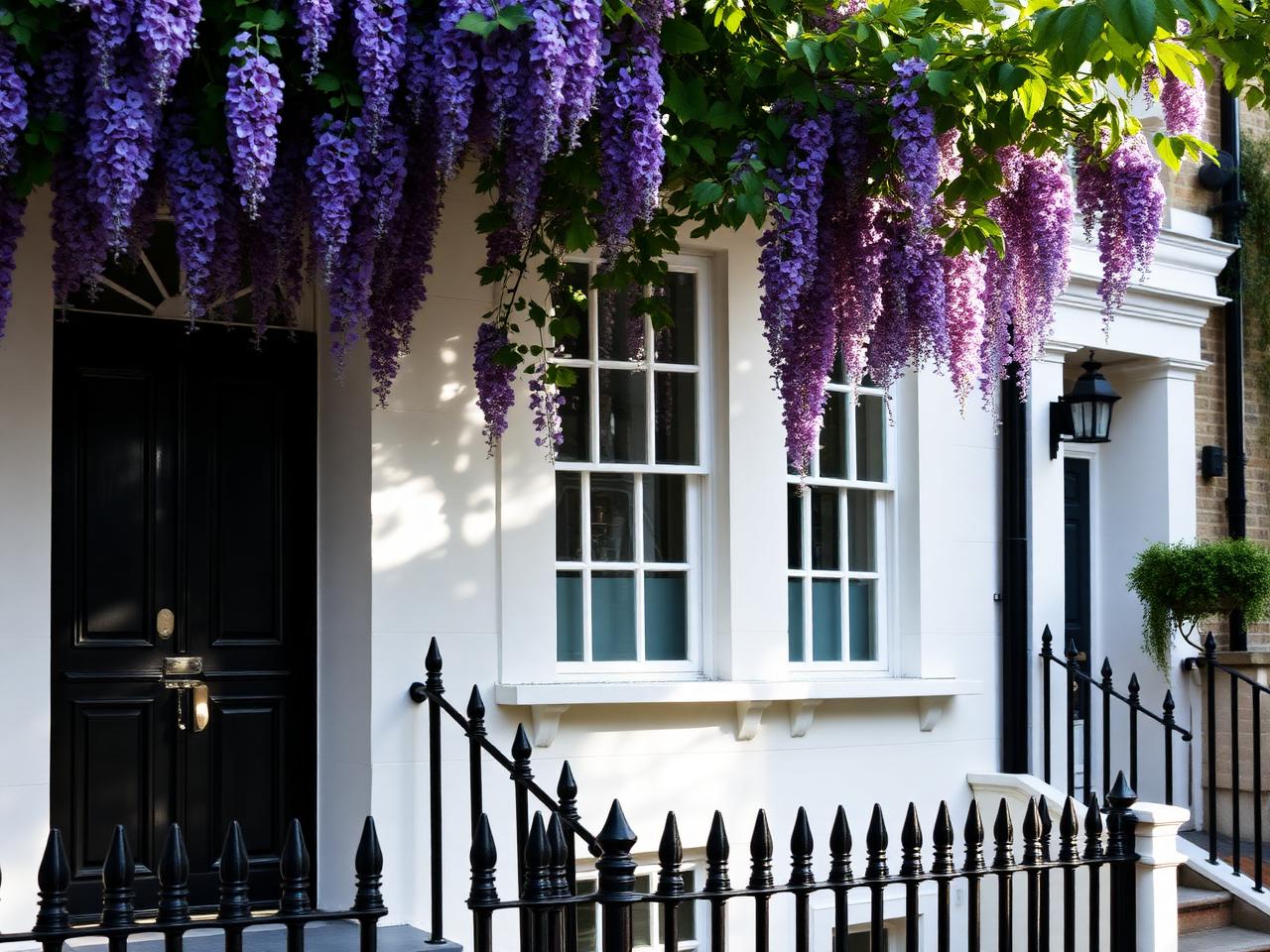 White stucco Kensington townhouse facade with wisteria in bloom