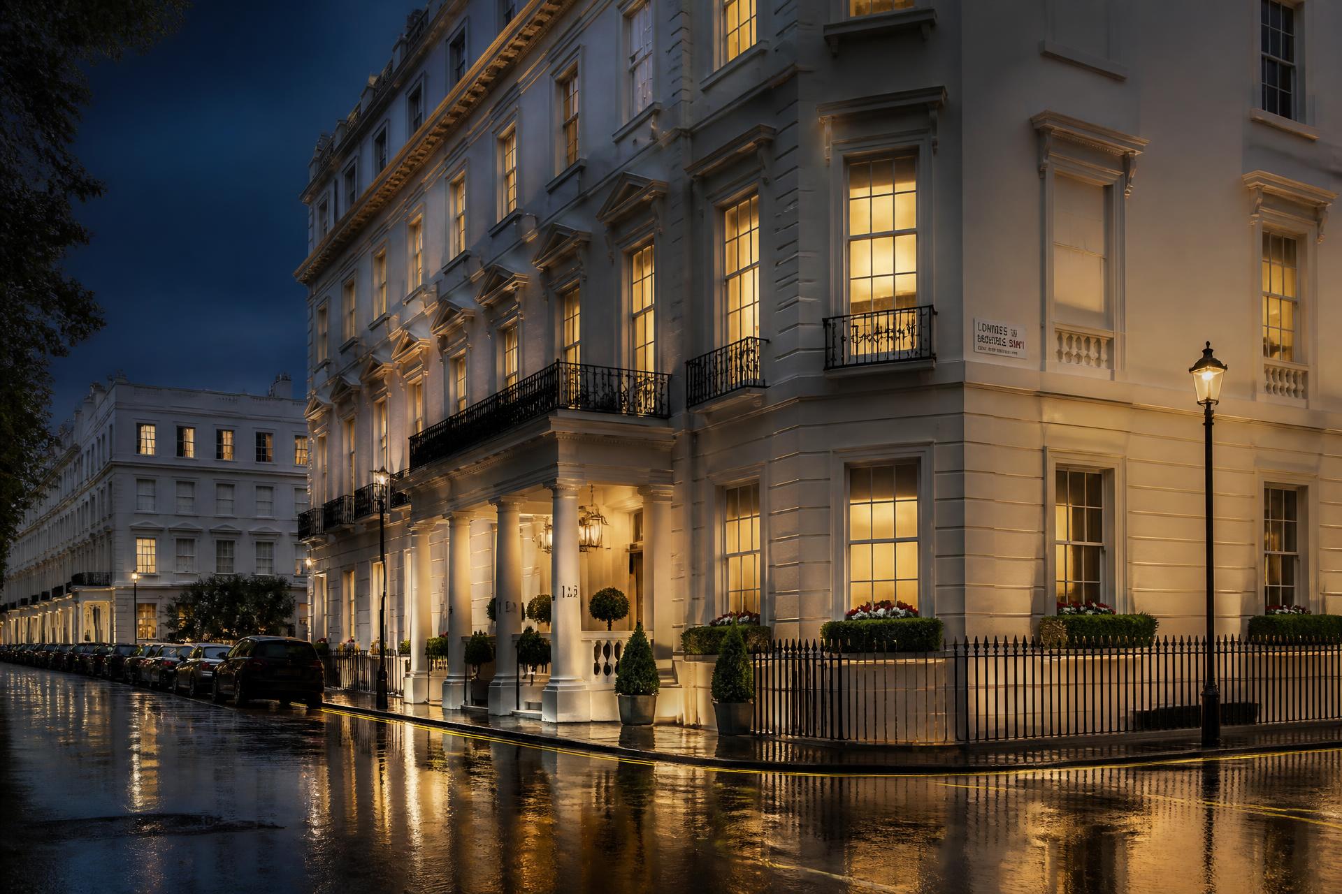 Illuminated stucco-fronted London townhouses on a quiet Belgravia street at dusk