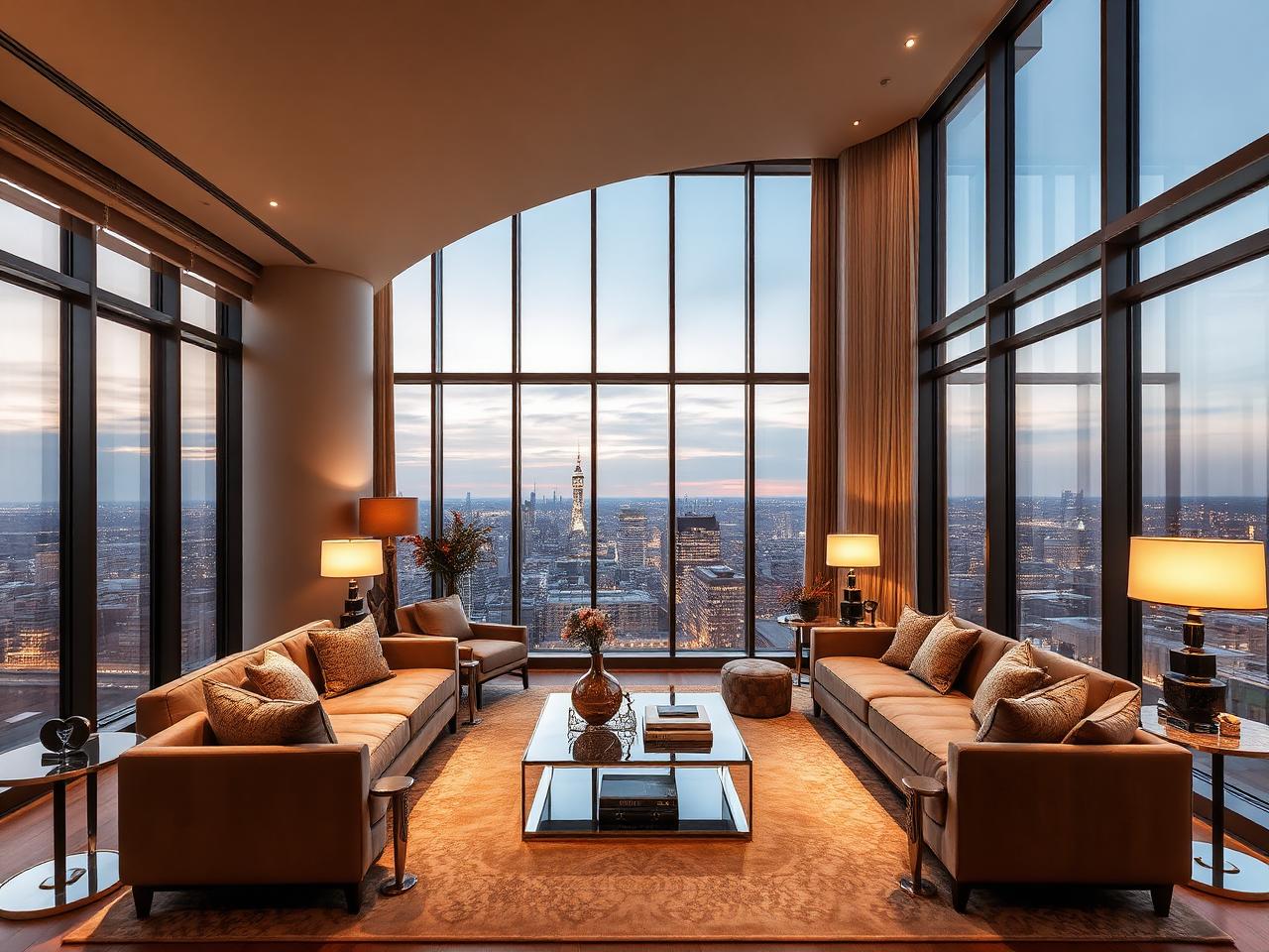 Elegant London apartment reception room with warm evening lighting