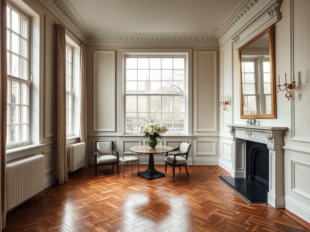 Refined London reception room with tall windows and period detailing