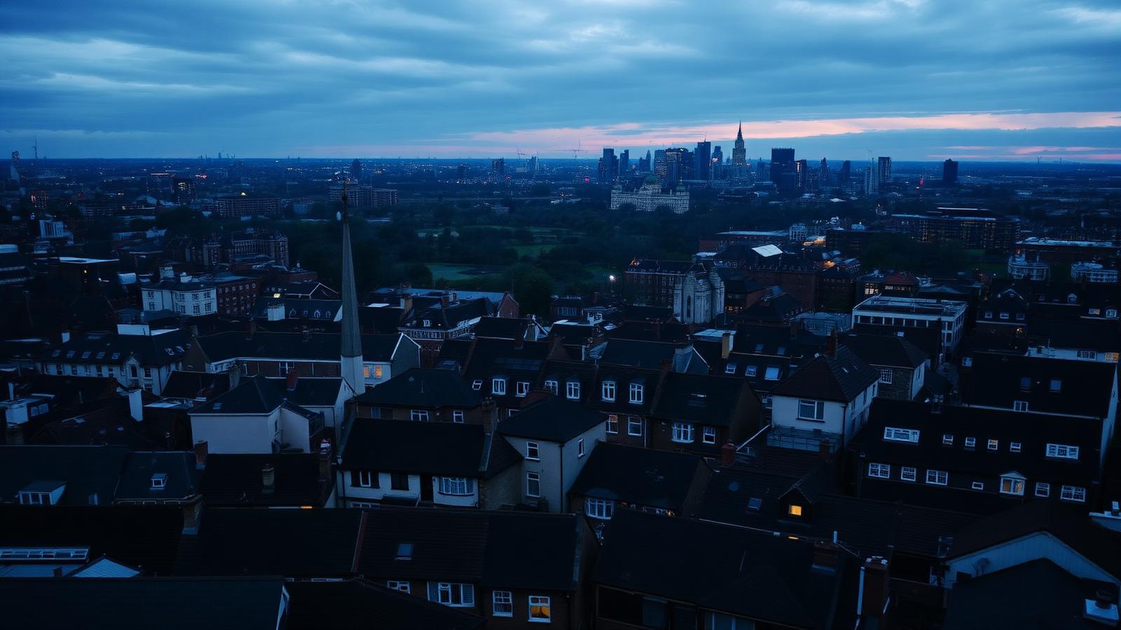 Aerial view of central London at dusk, the River Thames winding past the City and Westminster